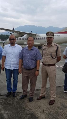 Pasighat airport - test landing of ATR -42 aircraft of Alliance Air on 21/04/2018. My right standing is Shri Kaling Moyong HMLA Pasighat and left is SP Pasighat.